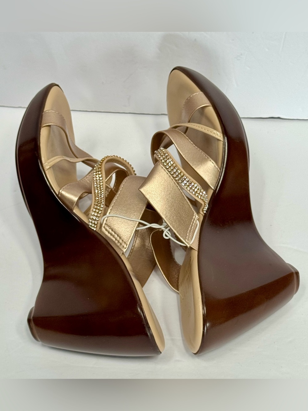 Italian Shoemakers Metallic Gold Wedge Sandals with Rhinestone Straps - Picture 10 of 14